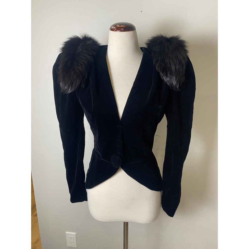 Vintage Climax Karen Okada David Howard Black Velvet Fox Fur Trim Jacket 90s 5/6